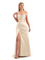 Lace Appliques One Shoulder Satin Bridesmaid Dress Low V-Neck