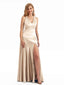 Long V-Neck Neutral Satin Bridesmaid Dress Mermaid