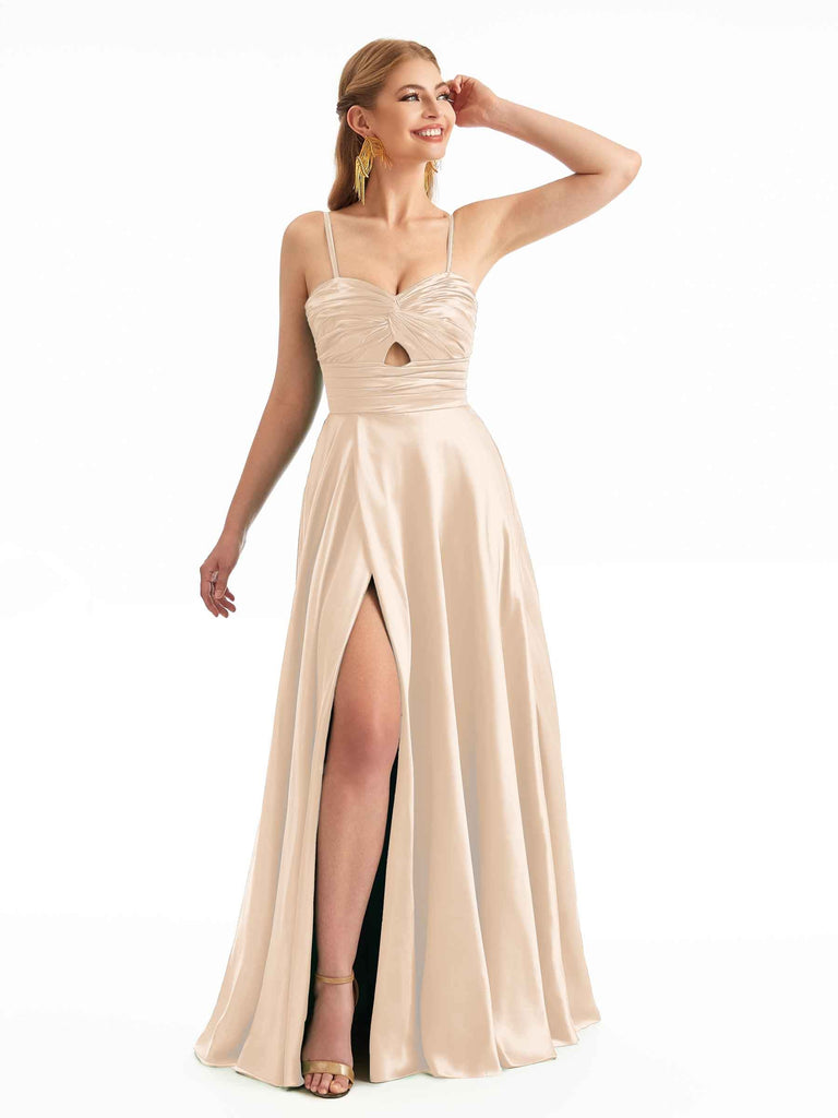 Spaghetti Strap Satin Neutral Bridesmaid Dress with Side Slit