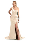 Side Split Sleeveless One-Shoulder Neutral Satin Bridesmaid Gown