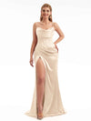 Basque Waist Cowl Neck Neutral Bridesmaid Dress Shiny Satin Lace Appliques