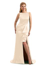 Neutral Boat Neck Ruffled Slit Boho Bridesmaid Dress Satin
