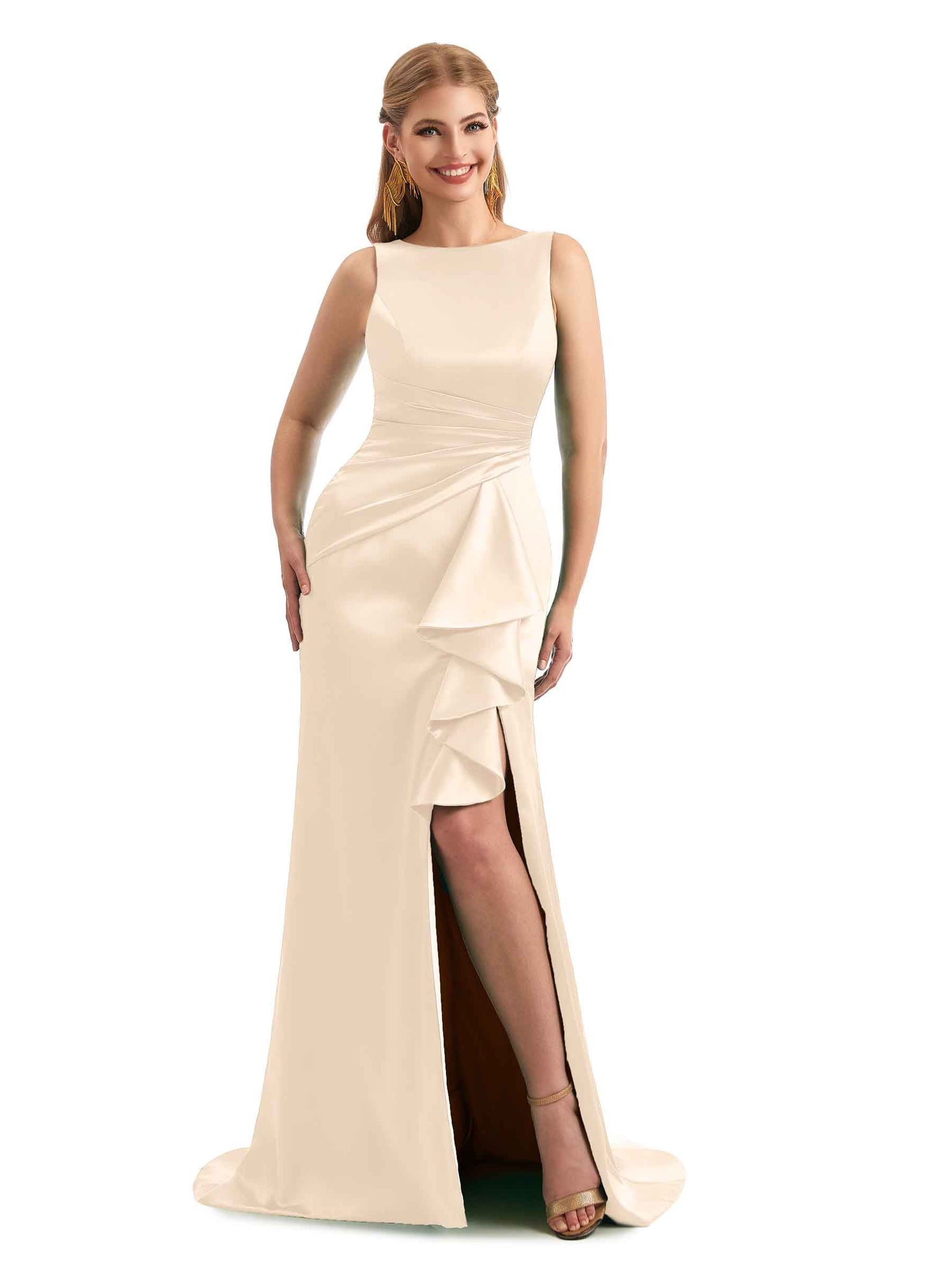 Neutral Boat Neck Ruffled Slit Boho Bridesmaid Dress Satin