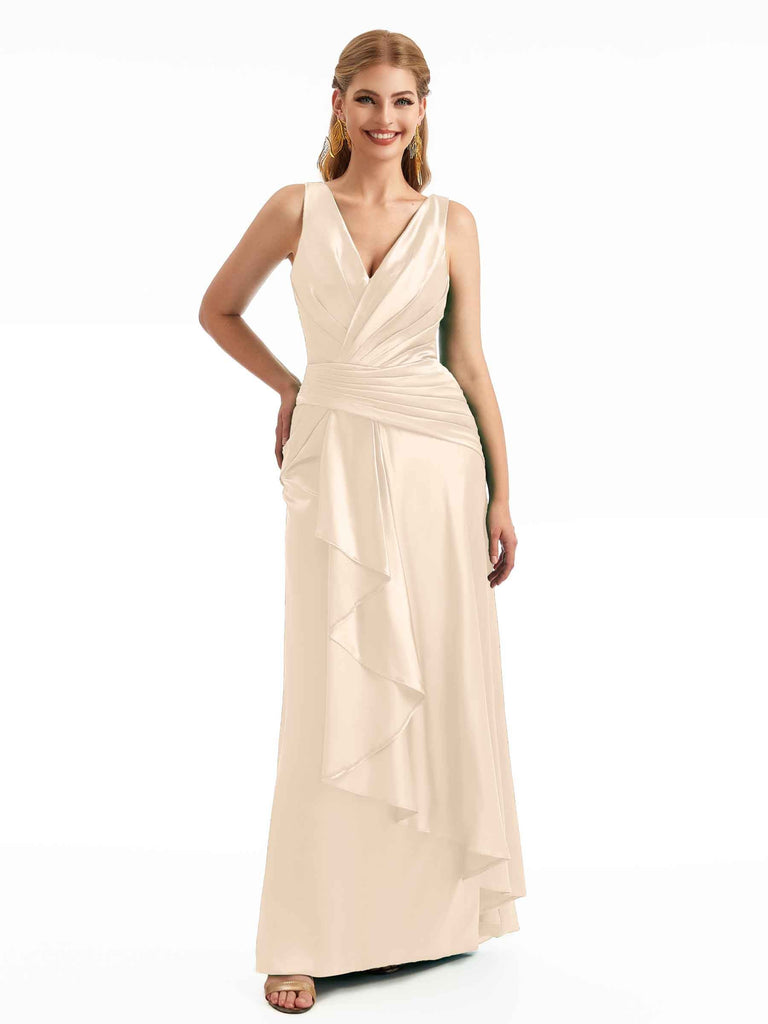 V-Neck Ruffles Long Bridesmaid Dress Soft Satin