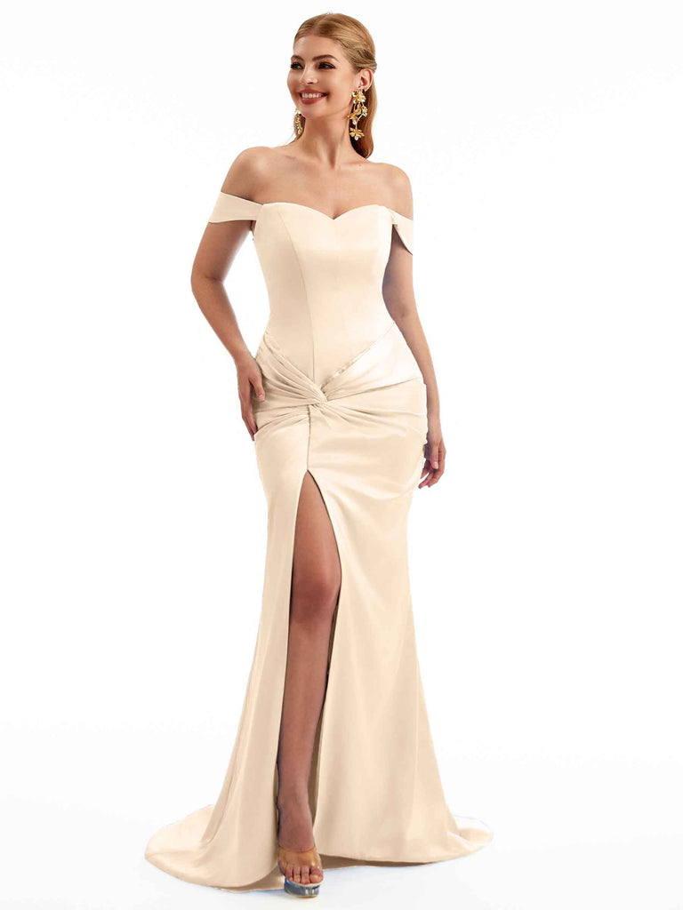 Sleeveless Off Shoulder Stretch Satin Floor Length Bridesmaid Gown - ChicSew Sleeveless Off Shoulder Stretch Satin Floor Length Bridesmaid Gown - ChicSew