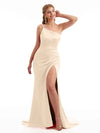 Asymmetrical One Shoulder Neutral Mermaid Satin Dress Spaghetti Strap