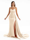 Simple Soft Satin Side Slit Spaghetti Straps Long Mermaid Bridesmaid Dresses Online