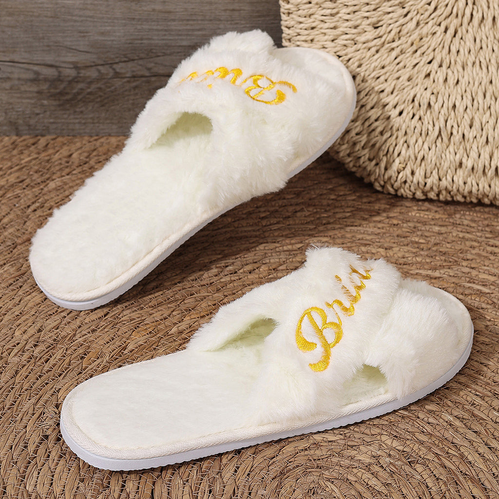 Women's Cross Band Fuzzy Slippers Plush Furry House Slippers Bridesmaid Slippers CN386