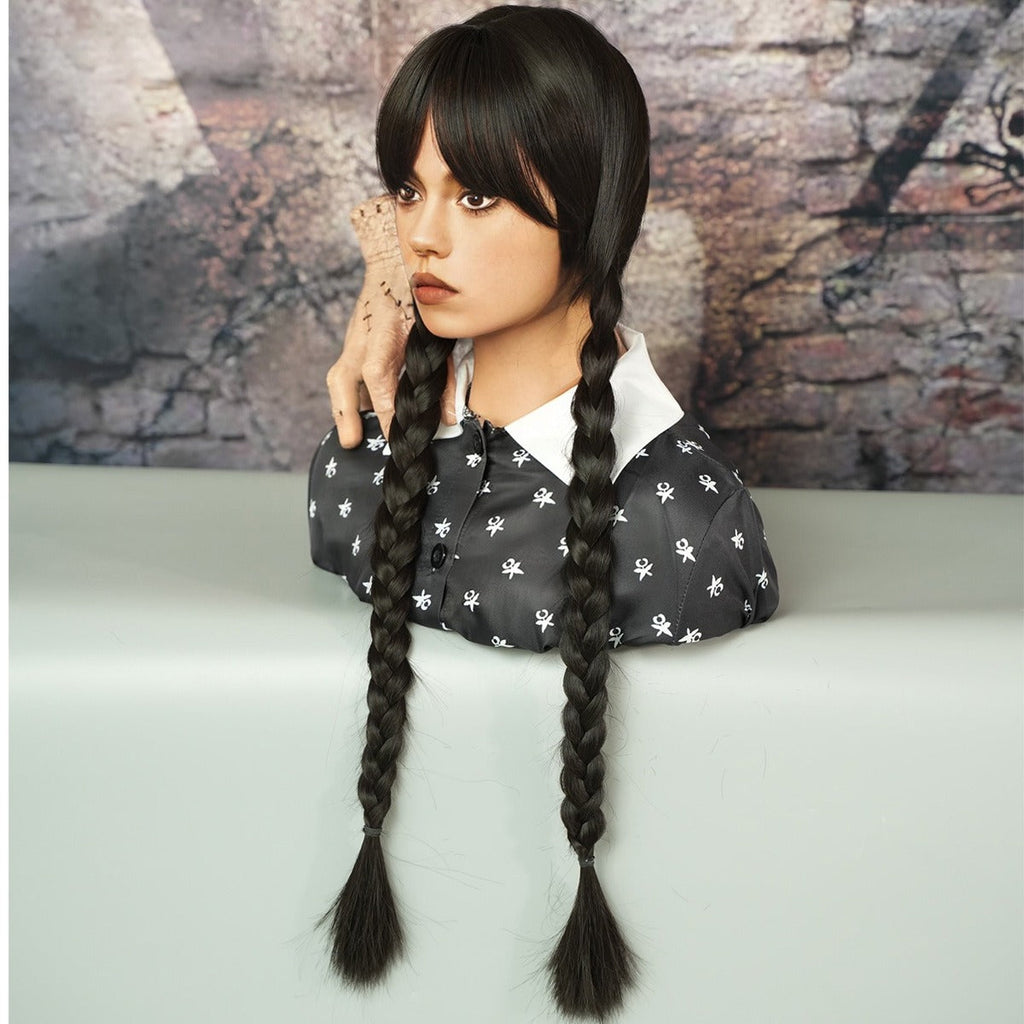 Wednesday Addams Wig Braided Black Wigs With Bangs for Halloween Party Costume Natural Hair for Cosplay