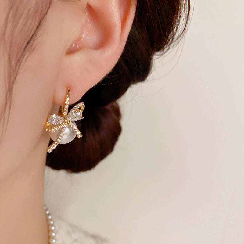 Elegant Zircon Bow Pearl Earrings
