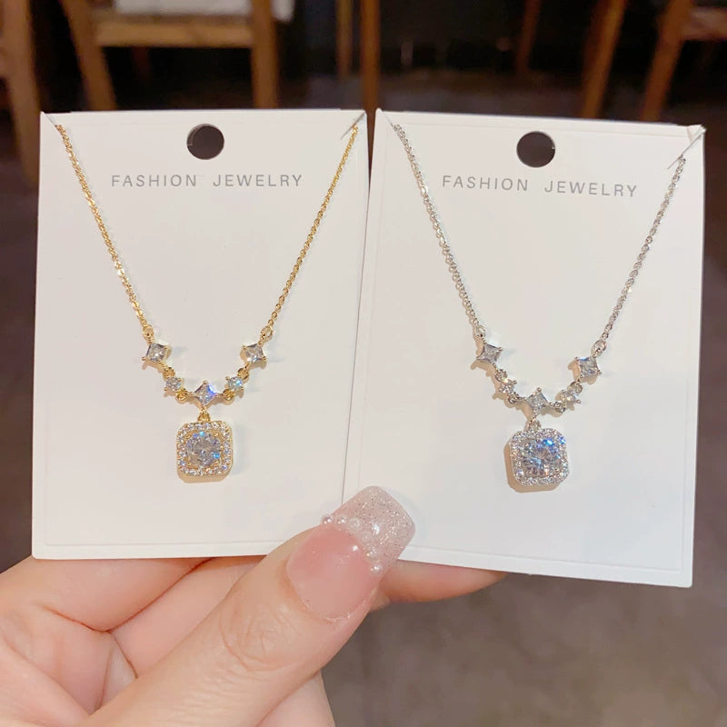 Sparkly Zircon Square Diamond Necklace Luxurious Collarbone Chain