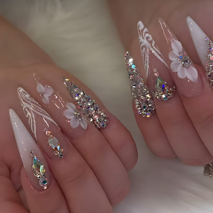 Rhinestone Nails Bling Wedding Press On Nails With Design For Women And Girls