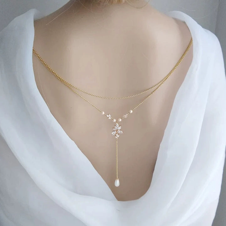 Bridal Wedding Pearl Necklace With Tassel Back Chain