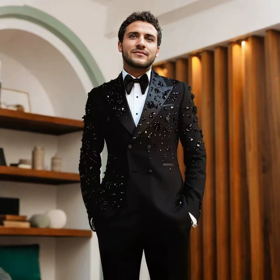 Sparkly Black men's plus-size collar suit 2 piece Double Row Sequins Suit