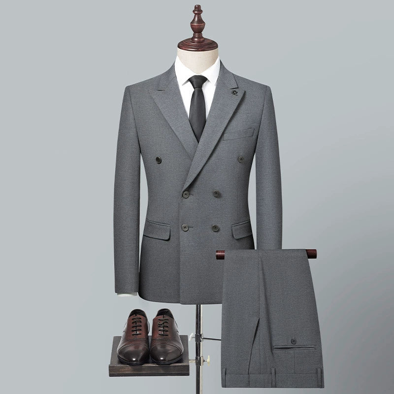 New Men's Grey Double-breasted 2 Piece Suit  for Business Wedding
