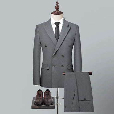 New Men's Grey Double-breasted 2 Piece Suit  for Business Wedding