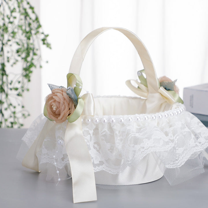 Pearl Bow Flower Decoration Lace Flower Basket Wedding Flower Portable Flower Basket, HL-5737