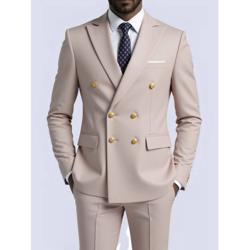 Taupe Double-breasted Suit Men Coat Slim Business Casual 2 Piece Suit