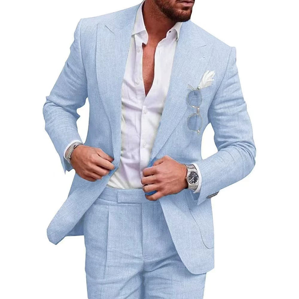Linen new men's plus-size collar suit 2 piece single-row one-button suit