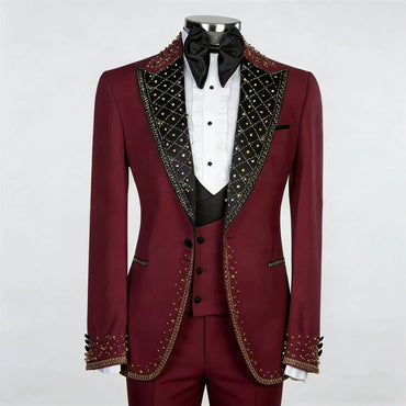 Sparkly Burgundy Classic 3 Piece Men's Suit with Regular Fit and Sophisticated Peak Lapel