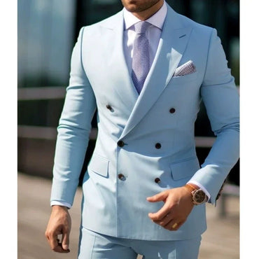 Sky Blue Casual Men's 2 Pieces Mens Suit Regular Fit Notch Lapel Tuxedos (Blazer+Pants)