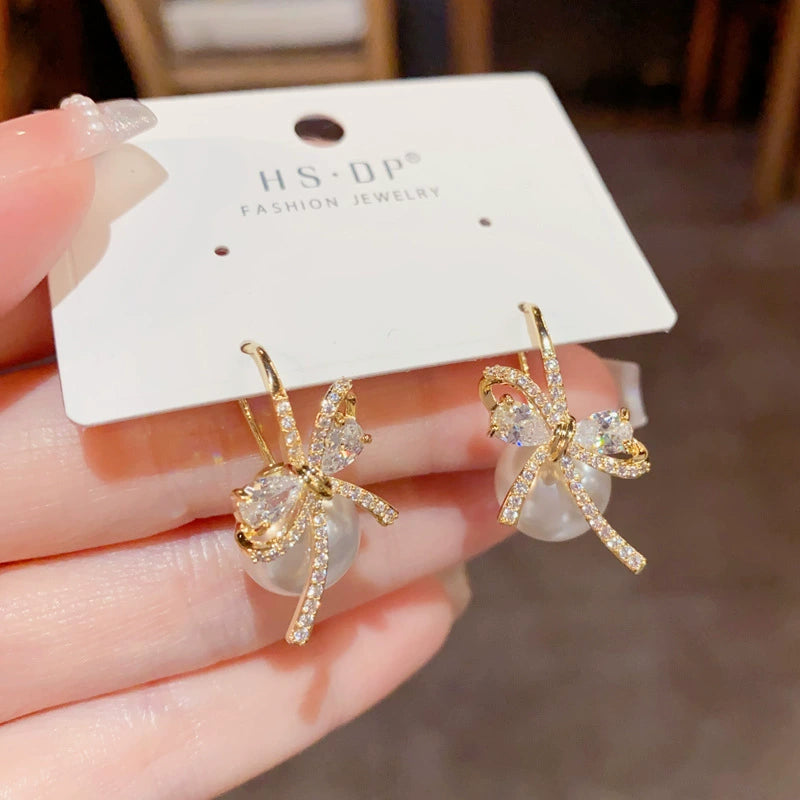 Elegant Zircon Bow Pearl Earrings