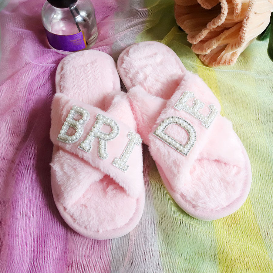 Women's Cross Band Fuzzy Slippers Plush Furry House Slippers Bridesmaid Slippers CN384