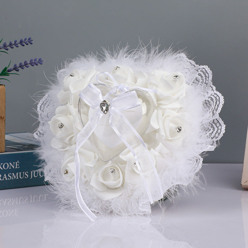 Heart-Shaped Rose Accessories Lace Creative Ostrich Feather Wedding Ring Pillow , JZH-5718