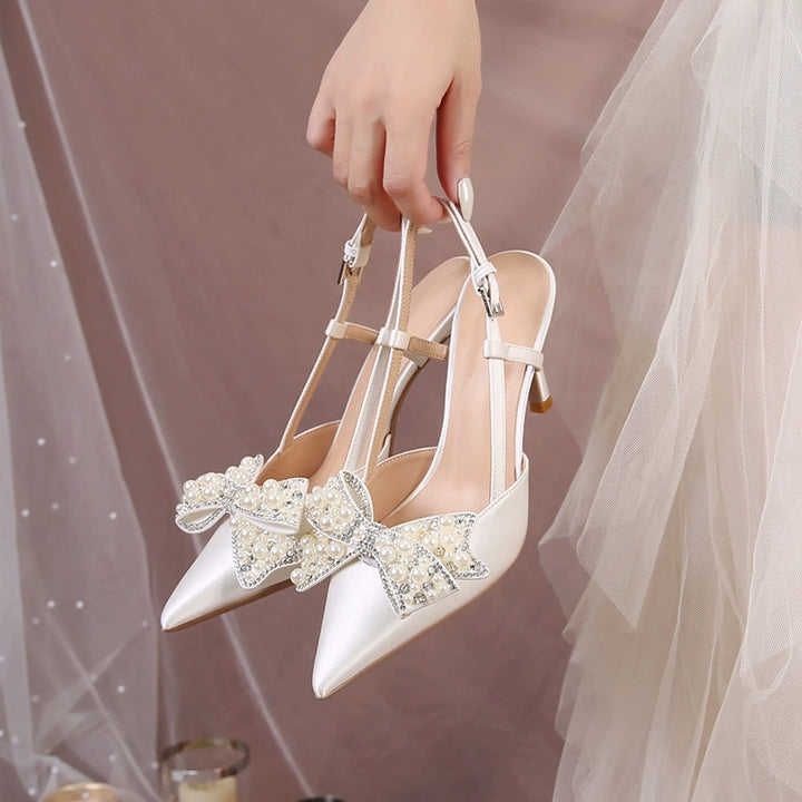 White Detachable Wedding Bride Shoes Summer Satin Bridesmaid Shoes