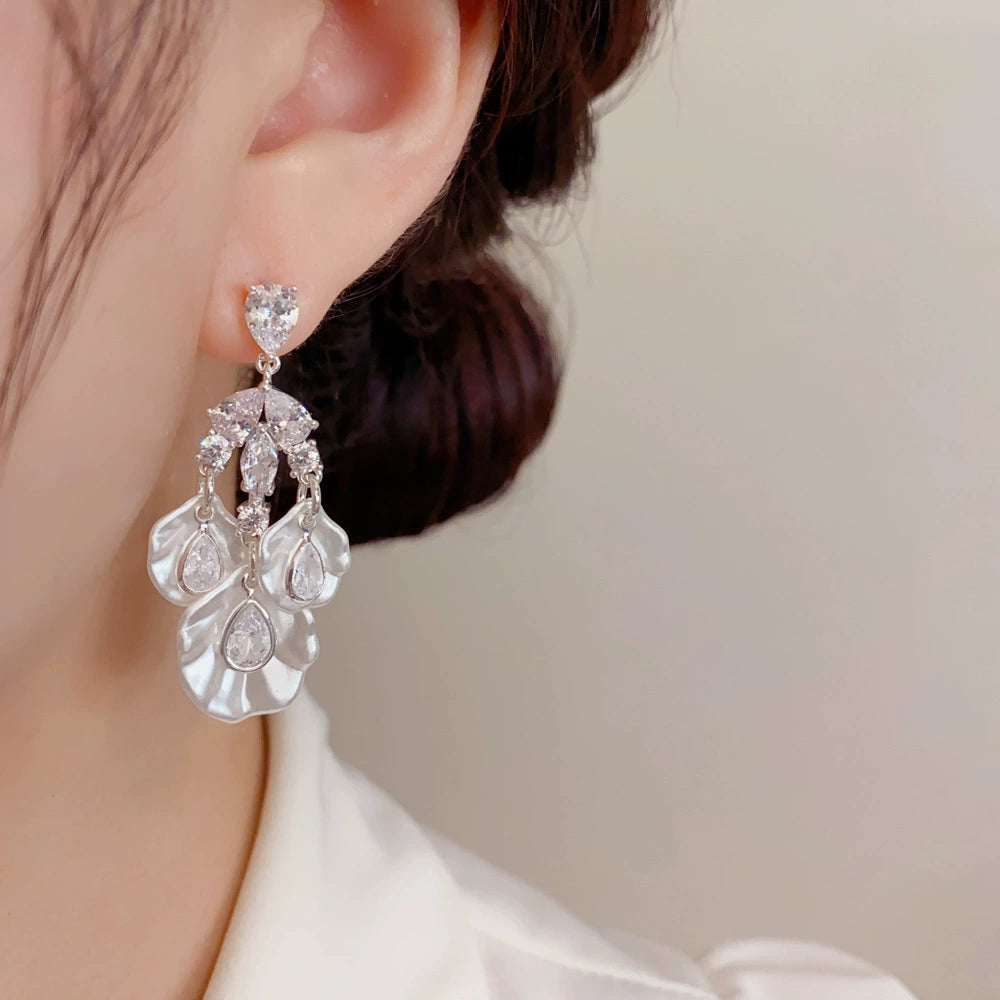 S925 Silver Zircon Petal Tassel Earrings
