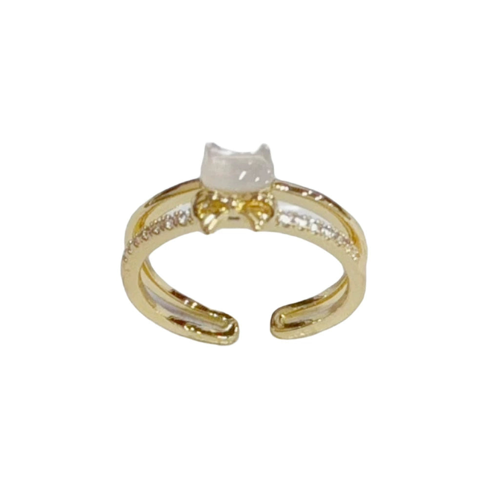 Cute Golden Kitten Bow Double layered Open Ring for Summer