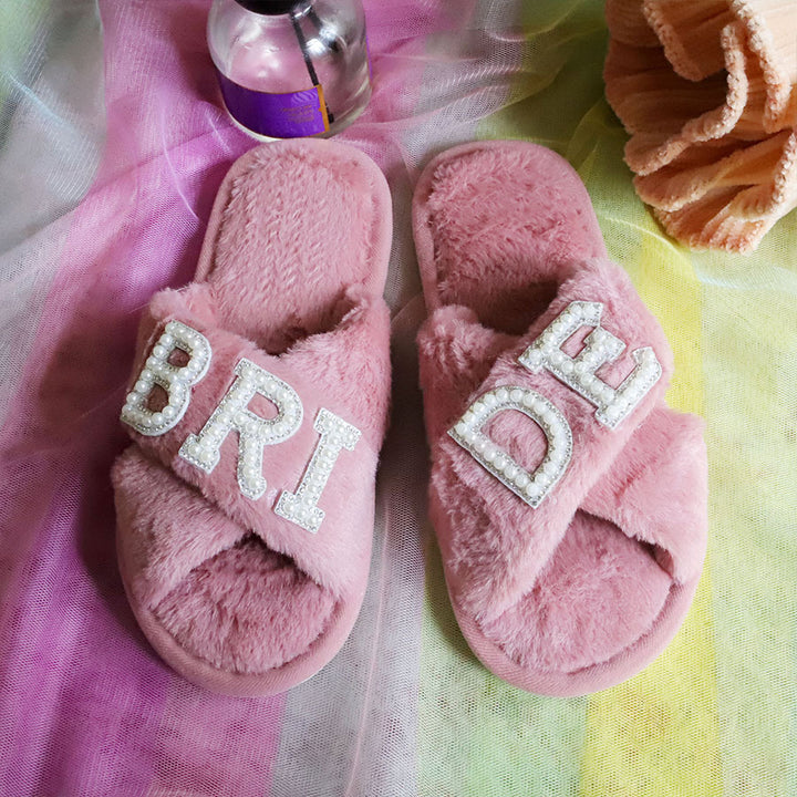 Women's Cross Band Fuzzy Slippers Plush Furry House Slippers Bridesmaid Slippers CN384
