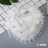 White Lace Heart Shape Wedding Ring Pillow Ring Boxes Bowknot Decoration, JZH-5949