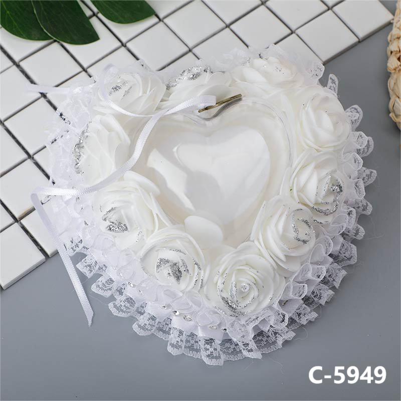 White Lace Heart Shape Wedding Ring Pillow Ring Boxes Bowknot Decoration, JZH-5949