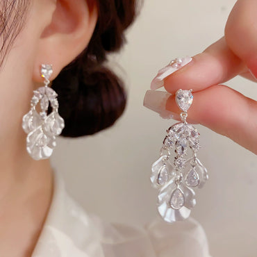 S925 Silver Zircon Petal Tassel Earrings