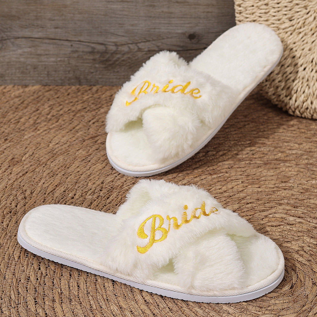 Women's Cross Band Fuzzy Slippers Plush Furry House Slippers Bridesmaid Slippers CN386