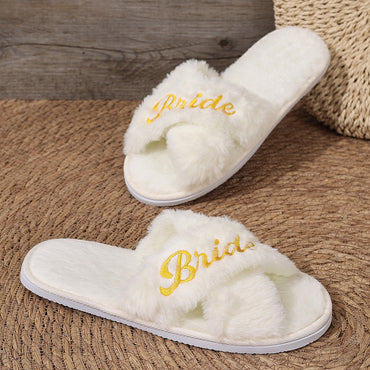 Women's Cross Band Fuzzy Slippers Plush Furry House Slippers Bridesmaid Slippers CN386