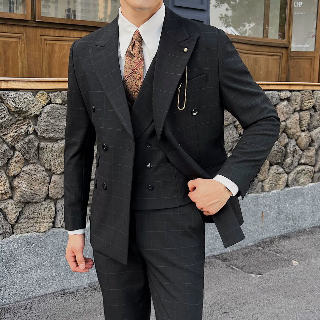Black Classic 1 Piece Men's Suit British Slim Men Double-breasted Plaid Suit