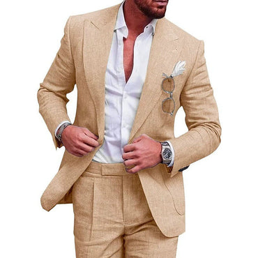 Linen new men's plus-size collar suit 2 piece single-row one-button suit
