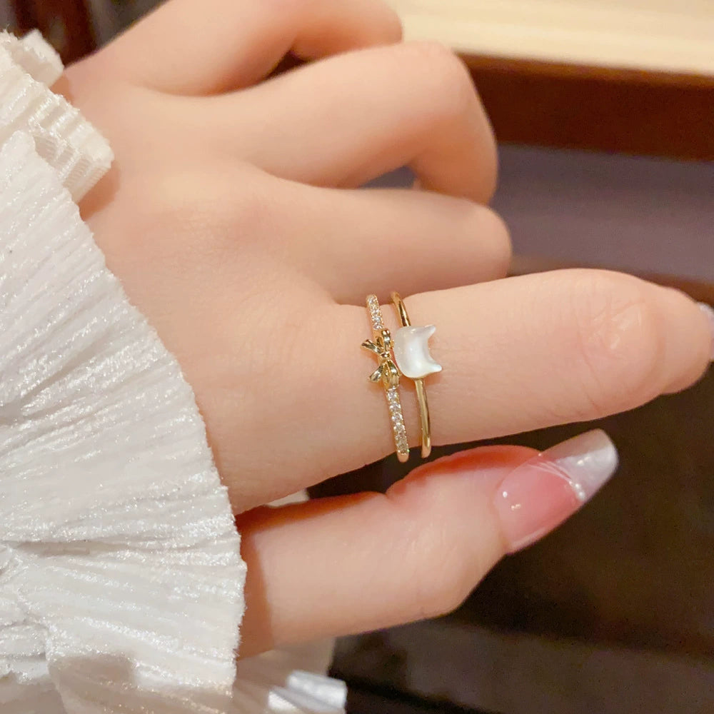 Cute Golden Kitten Bow Double layered Open Ring for Summer