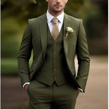 Green Classic 3 Piece Men's Suit with Regular Fit and Sophisticated Peak Lapel