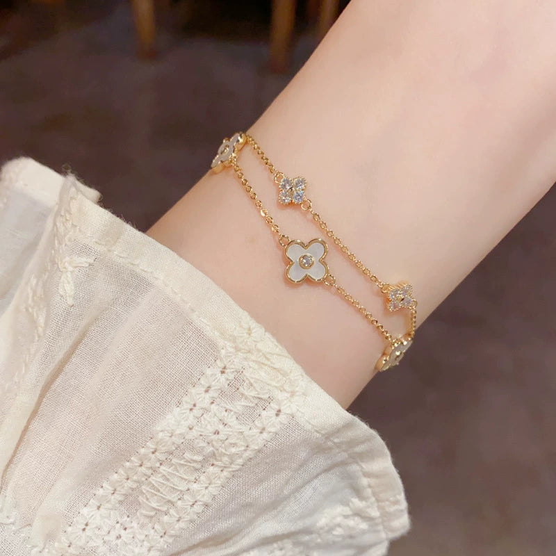 Vintage Jewelry Double Layered Shell Four Leaf Flower Bracelet