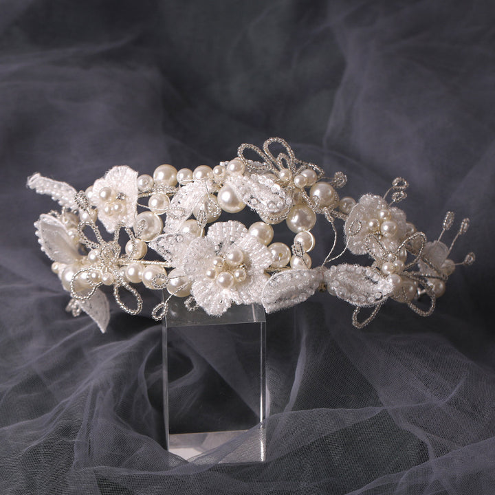 Luxury Hand-twisted Pearl Flower Wedding Dress Hairband Veil for Women CN29