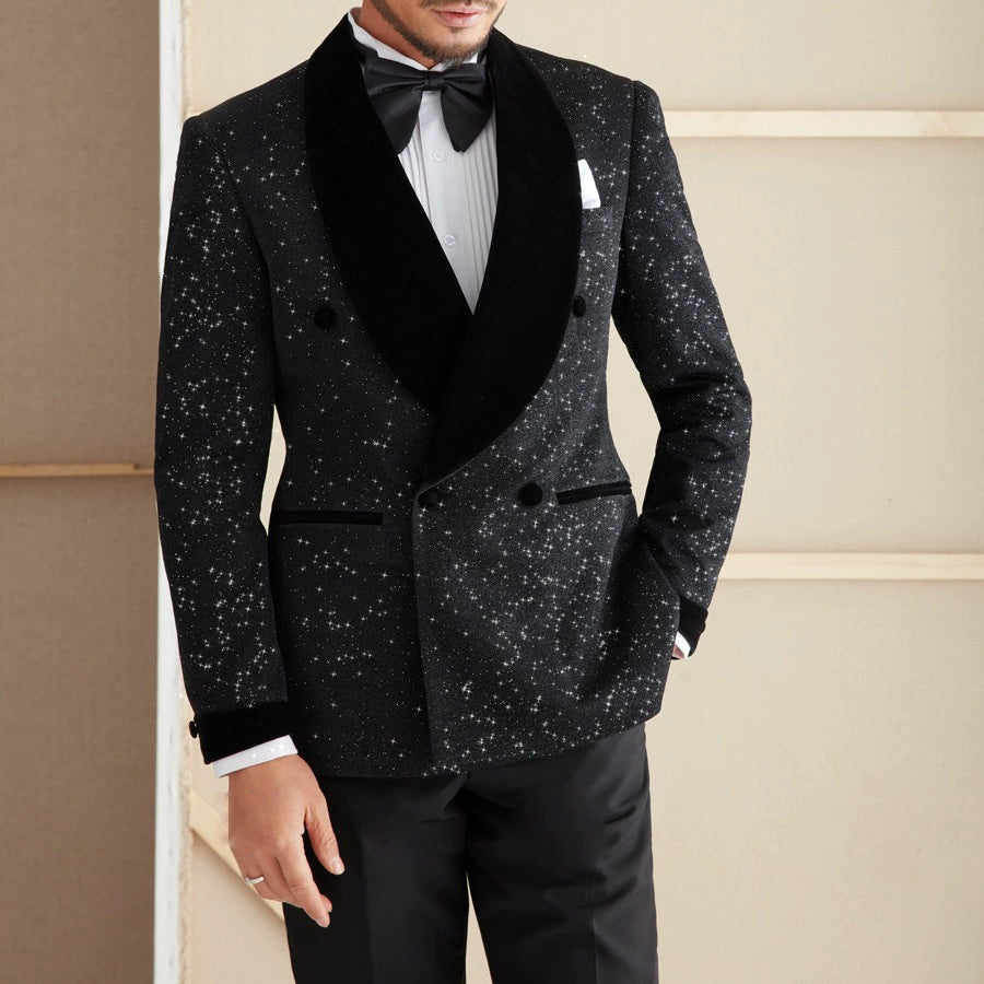 Sparkly men's plus-size collar suit 2 piece single-row one-button Sequins Suit