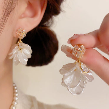 Diamond Studded White Petal Tassel Earrings