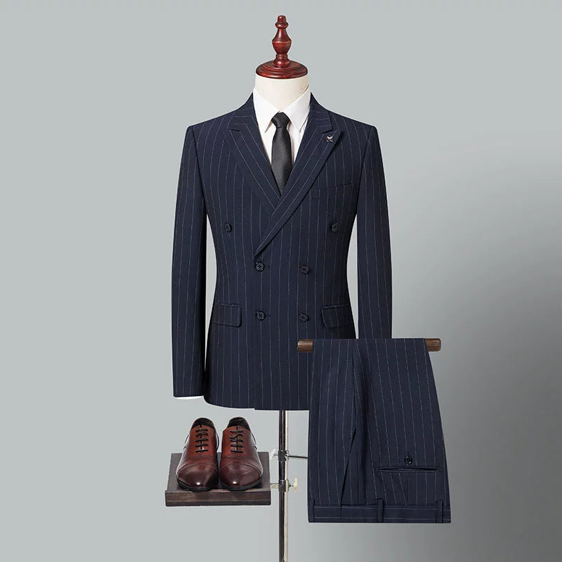 New Men's Blue Stripe Double-breasted 2 Piece Suit  for Business Wedding