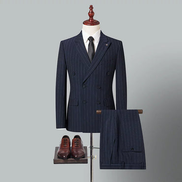 New Men's Blue Stripe Double-breasted 2 Piece Suit  for Business Wedding