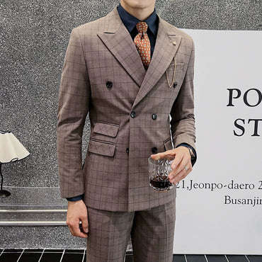 Coffee Classic 1 Piece Men's Suit British Slim Men Double-breasted Plaid Suit