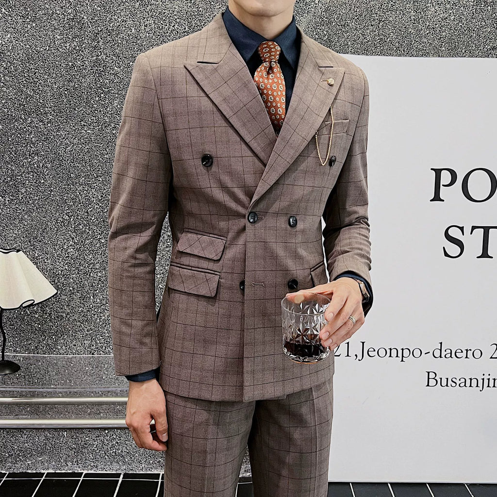 Coffee Classic 2 Piece Men's Suit British Slim Men Double-breasted Plaid Suit