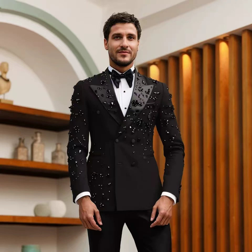 Sparkly Black men's plus-size collar suit 2 piece Double Row Sequins Suit